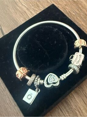 Pandora Silver Bracelet with Rose Gold Accent Beads and Heart Charm